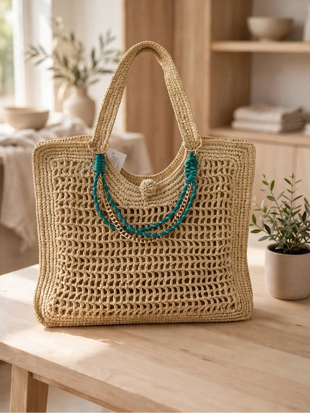 Woven Straw Tote Bag with Teal Accent - Women Bags
